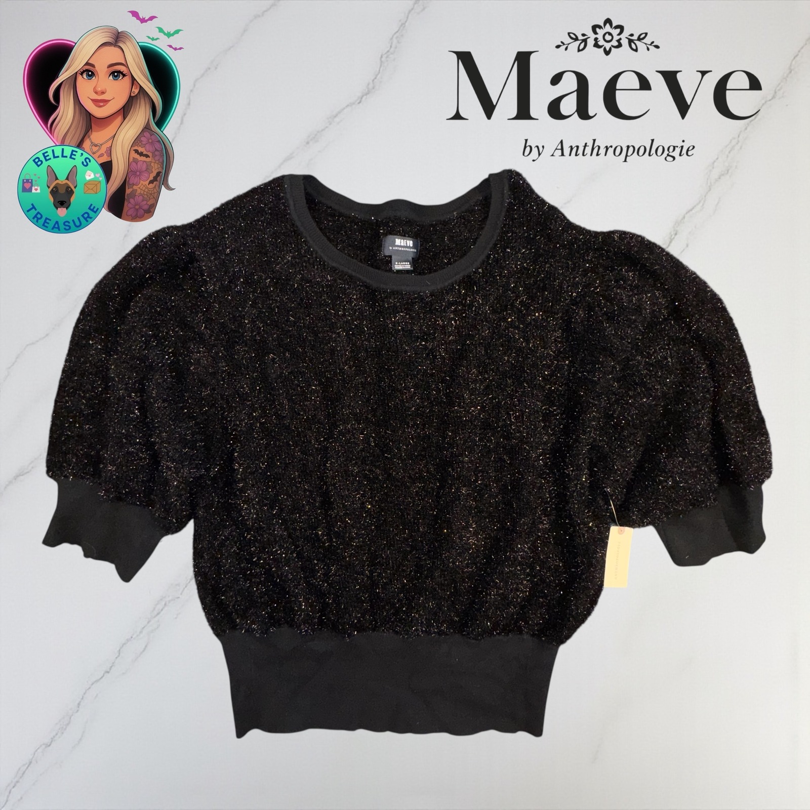 Maeve Anthropologie Womens Xl Black Sparkle Puff Sleeve Sweater Knit Top Holiday